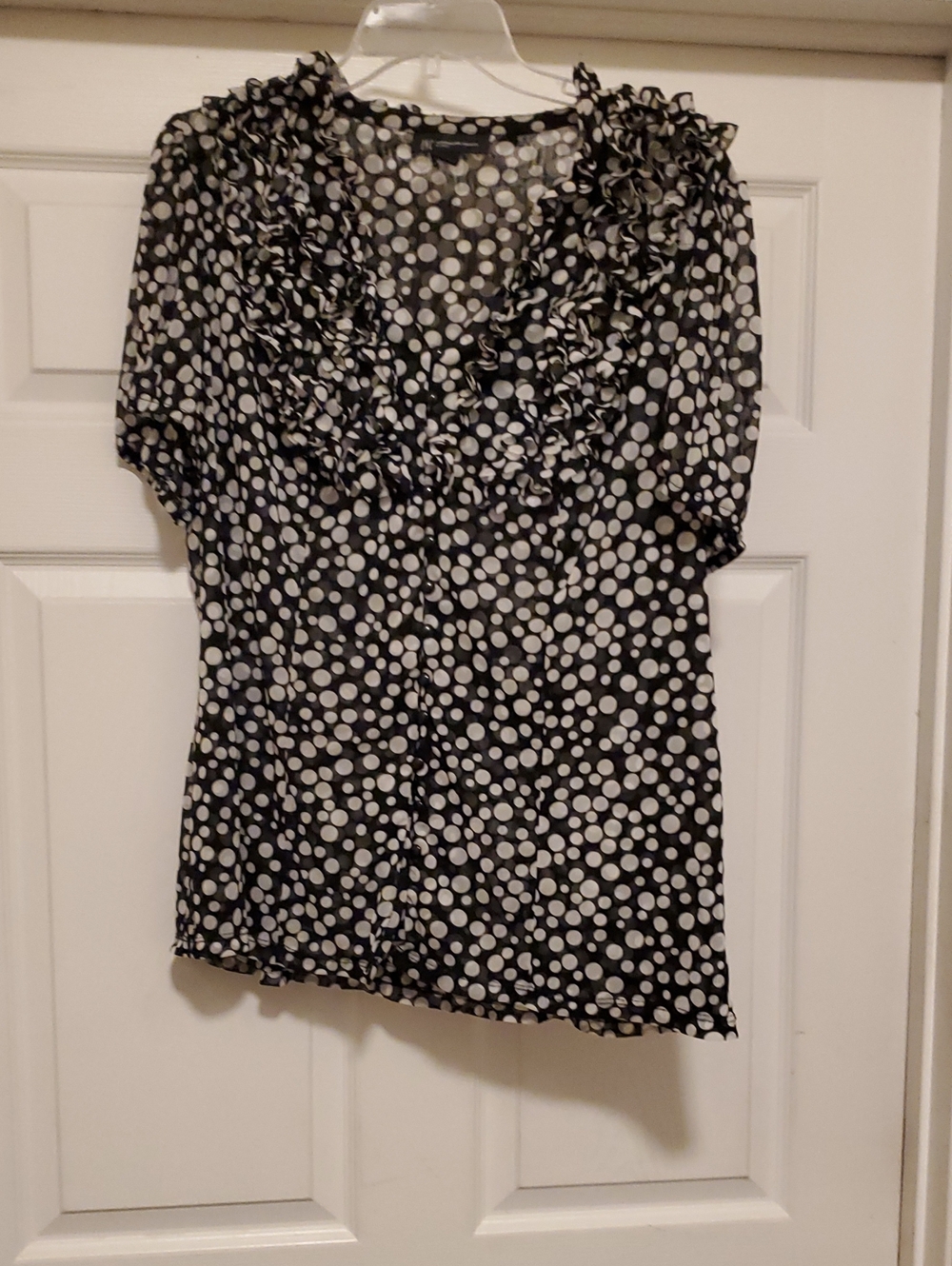 INC International Concepts Black and White Polka Dot Ruffled V-Neck Blouse